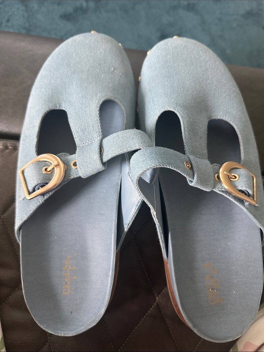 Gianni Bini Light Blue Mary Jane Mules with Gold Buckles